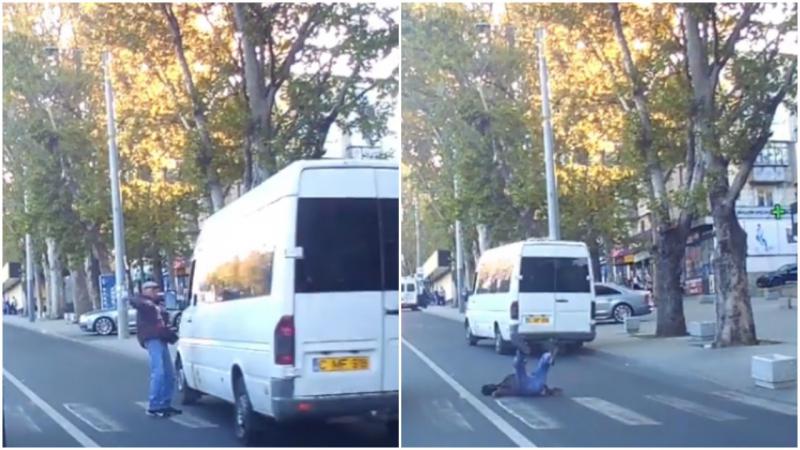  (video) Un microbuz, cât pe ce să lovească un pieton pe zebră: Bărbatul cade la pământ, iar șoferul își continuă drumul