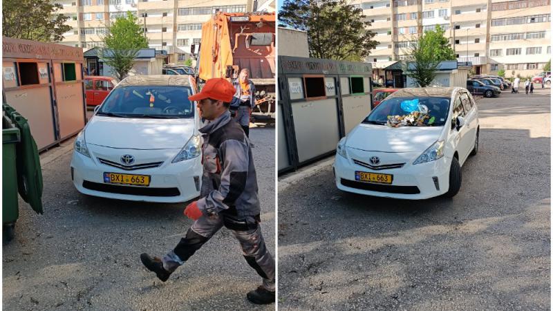  (foto) O altfel de sancționare: Un șofer „s-a trezit” cu mașina acoperită de gunoi