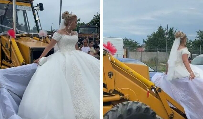  Imagini neașteptate de la o nuntă din România. Mireasa a fost plimbată cu buldoexcavatorul