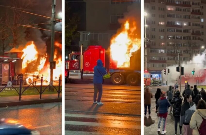 (video) Sărbători de foc, la București: Momentul în care camionul Coca-Cola de Crăciun, arde din mers