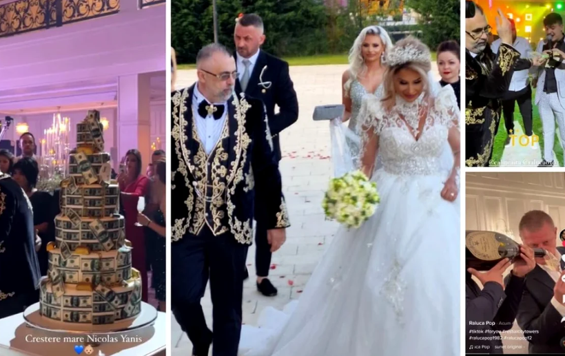 (VIDEO) Nuntă de bogați la Oradea: Tort împodobit cu bani, şampanie de 10.000 euro și celebri maneliști. Unul a căzut în piscină
