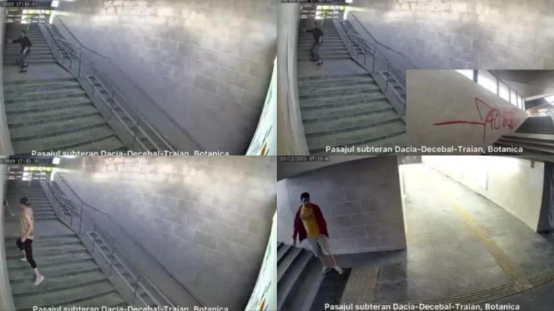  (video) S-au strecurat printre scânduri și au mâzgălit pereții: Momentul în care trei tineri vandalizează o subterană, aflată în reparație