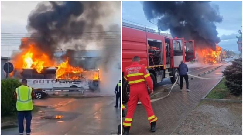  (VIDEO) Un autocar cu 30 de elevi a luat foc, în mers, pe un drum din România