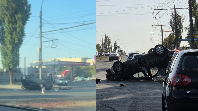 (foto/video) Accident la Telecentru: Un Nissan s-a răsturnat, după ce a lovit o Toyota, care ulterior a fost proiectată într-o Honda. Ce a arătat testul alcoolscopic