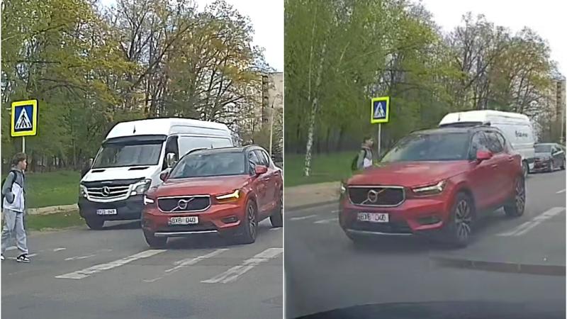 (video) La un pas de tragedie: Un copil, aproape să fie spulberat de un Volvo pe o trecere de pietoni, la care tocmai oprise un microbuz