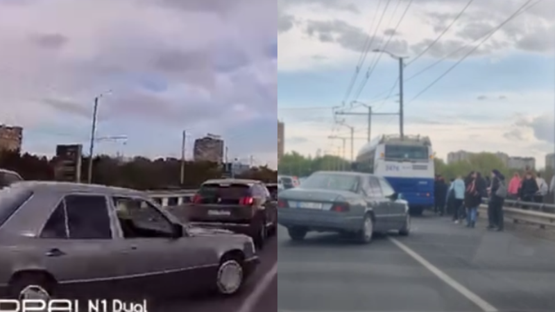 (video) Accidentul de pe Viaduct: Momentul în care Mercedesul vrea să se încadreze pe banda transportului public și se izbește de troleibuz