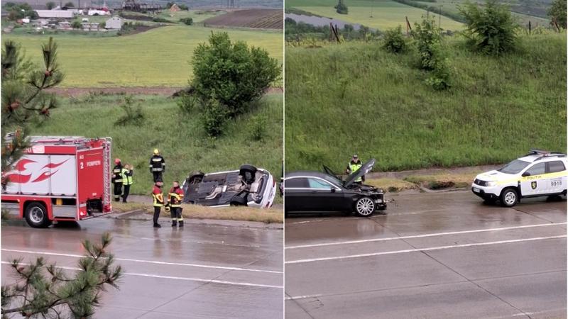 (video) Un BMW s-a răsturnat într-un șanț, după ce s-a lovit cu un Mercedes, lângă Băcioi: Salvatorii și Poliția au intervenit
