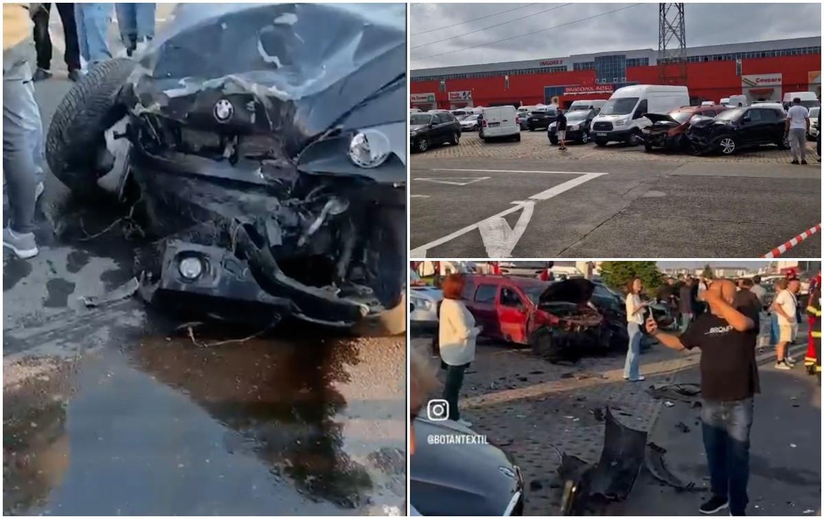 (video) Accident dramatic într-o parcare din România: O șoferiță a boțit cu BMW-ul 11 mașini, după ce i s-ar fi blocat accelerația. Două persoane, rănite.